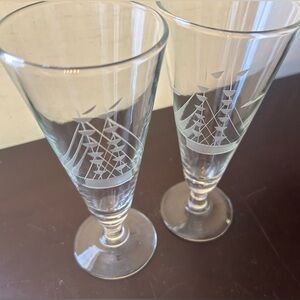 2 Javit etched, clipper ship, footed Pilsner glasses. Vintage.